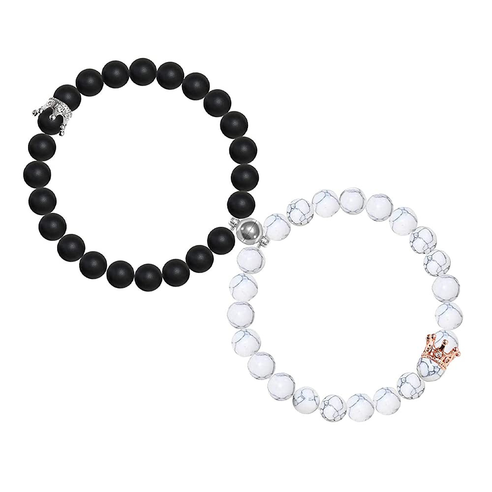TERRISHE Calamita Coppia Bracciali Distanza Perline Elastico, Bracciale Magnetico Cuore di Perle di Pietra Naturale, Bracciale Calamita Coppia Amore, Regalo San Valentino per Fidanzato Fidanzata Donna