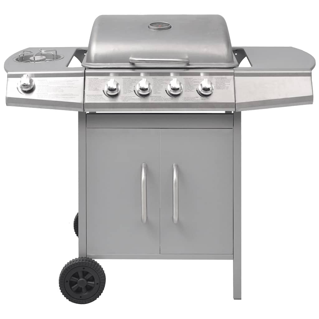 Barbecue a gas 4+1 con fornello laterale, carrello in acciaio inox, con copertura, termometro, vaschetta raccogli grasso, 104 x 55,4 x 97,7 cm, argento
