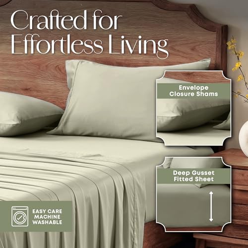 Image of Slumberfy 4-Piece 400 TC Viscose Derived from Bamboo Sheets, Queen Size - 1 Fitted, 1 Flat, 2 Pillow Cases - Deep Pocket Cooling Viscose-Bamboo Bed Sheets in Magnetic Closure Gift Box, Light Green