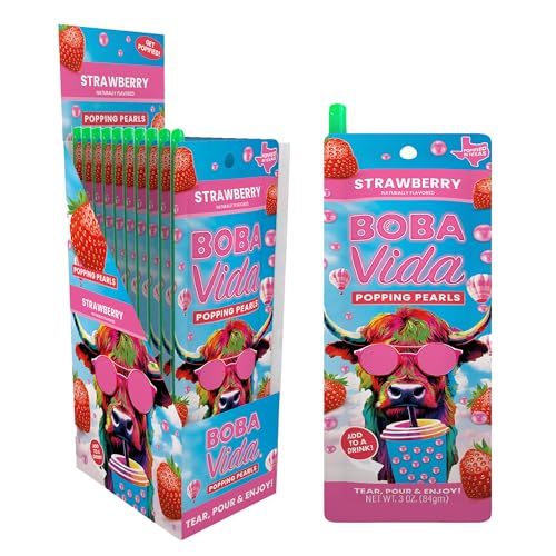 BobaVida Strawberry Popping Boba, 3oz, 10-Pack with Straws