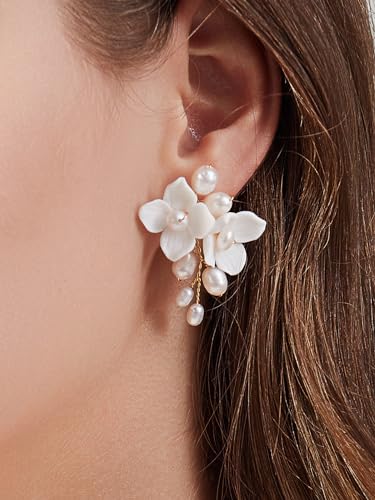 Handmade Ceramic Flower Pearl Stud Earring Drop, White Wedding Prom Accessories Post Earrings Jewelry for Brides Women4