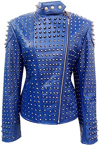 Veste de moto noire cuir véritable femme pics bleu taille 5XL