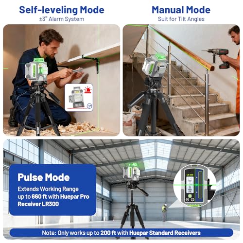Image of Huepar Pro Laser Level 360 Self Leveling with 50inch Tripod, 3 x 360 High Brightness Green Laser Leveler Tool for Construction, Tile and Picture Hanging, Rechargeable Battery & Magnetic Bracket