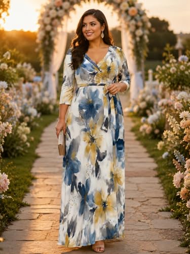 Image of Plus Size Maxi Dress for Women V Neck 3 /4 Sleeve Wrap Dresses