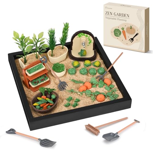 Dreamon Zen Sand Garden for Desk - Vegetable Gardening Themed Sand Tray Therapy Kit with 56 Accessories & Encouragement Cards - Meditation Room & Office Stress Relief Toy - Funny and Novelty Gift Idea