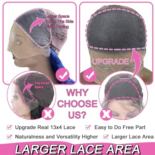 Image of 26 Inch Drak Blue 13x4 Body Wave Lace Front Wigs Human Hair 180 Density Glueless HD Transparent Lace Frontal Wigs Human Hair Pre Plucked With Baby Hair Blue Wigs For Women