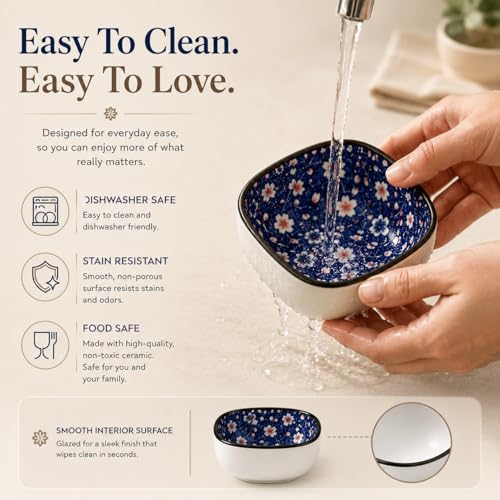 Image of Japanese Style Ceramic Dip Bowl Set of 6 | 200 ml Small Serving Bowls for Sauces, Snacks, Chutney & Desserts, Floral Blue Square Bowls | Porcelain Bowls for Kitchen & Dining (Midnight Sakura)