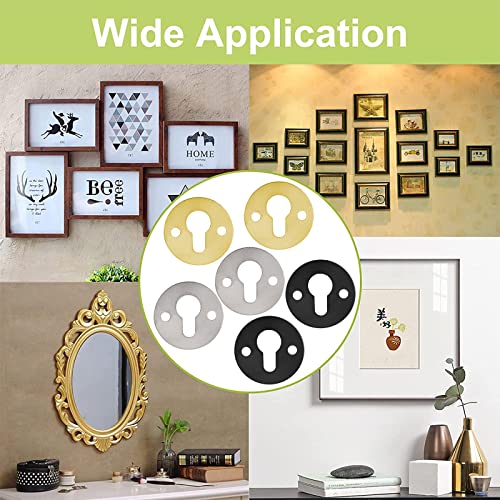 Image of Keyhole Hangers with Screws, 120Pcs Round Keyhole Frame Hangers Metal Picture Hangers Keyhole Hanging Fasteners Keyhole Hanging Plates with Screwdriver (Black & Gold & Silver)