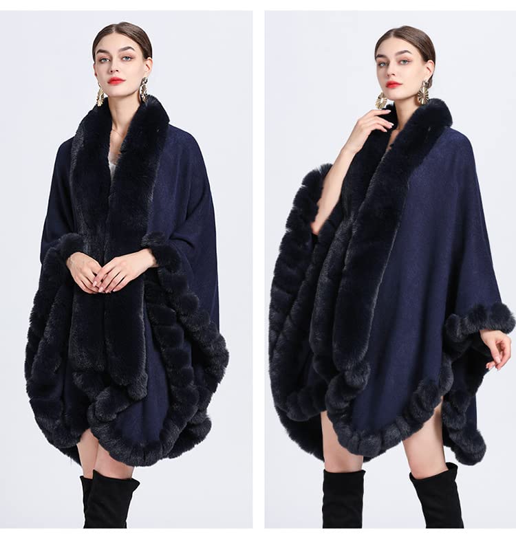 Scialle Donna Elegante Donna Faux Fur Wrap Scialle Stola Inverno Grande Mantella In Maglia Cappotto Con Pelliccia Rifinitura In Pelliccia Cardigan Di Lusso In Maglia Poncho Cappotto Di La