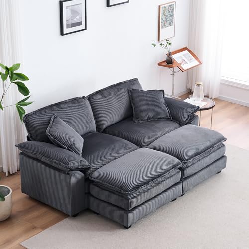 84.6” Loveseat with Ottoman, Corduroy Oversized Deep Two Seater Couch Modular Sectional Sofa Living Room Cloud Couch Modern Two Seat Recliner Sofa with Ottoman & Pillows(Corduroy Grey)