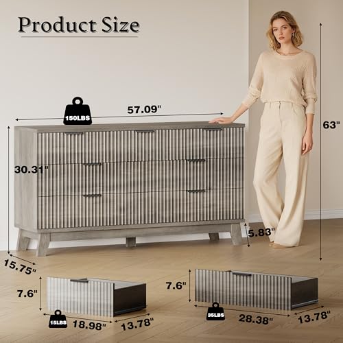 Image of BORNOON 57 inch Long Dresser for Bedroom, 7-Drawer Fluted Chest, Wide Wood Storage Dresser with Metal Slides and Handles, Stable Base, Modern Clothes Organizer for Primary Suite, Guest Room, Nursery