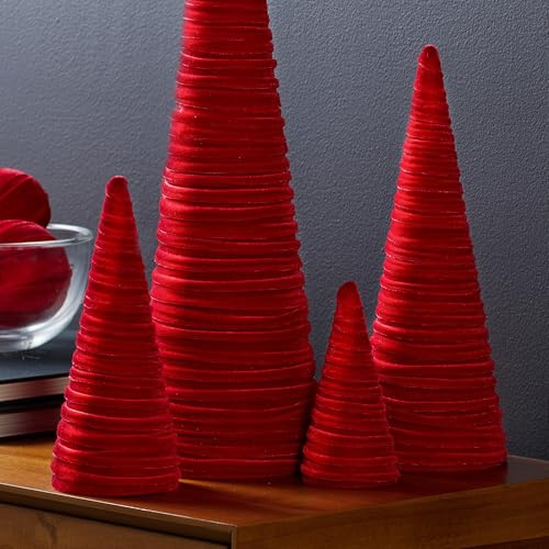 Image of Your Heart's Content Red Velvet Trees Set of 4, Luxurious Handcrafted Valentine Tree, Cozy Mantel Accent, Elegant Entryway Shelf Sitter, Winter Wedding Centerpiece (Red)
