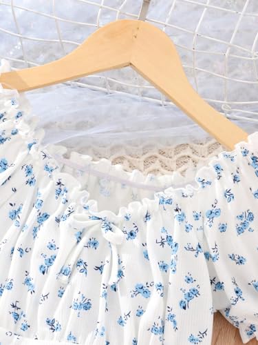 OYOANGLE Girl's Floral Print Short Puff Sleeve V Neck Crop Blouse Frill Trim Cropped Shirt Tops3