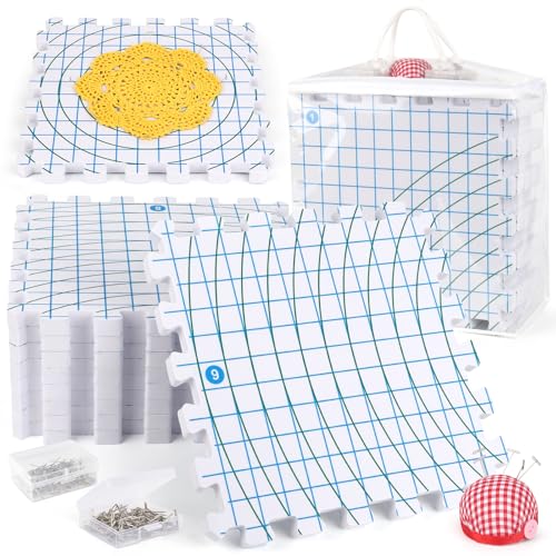 Aeelike Spannmatten Stricken mit 200 T-Nadeln Extra Dicken Blocking Mats mit Nadelkissen 9 Stück Matten Zum Spannen mit Raster Spannmatte-Set für Granny Square Spannen und Häkeln Handarbeiten Lace