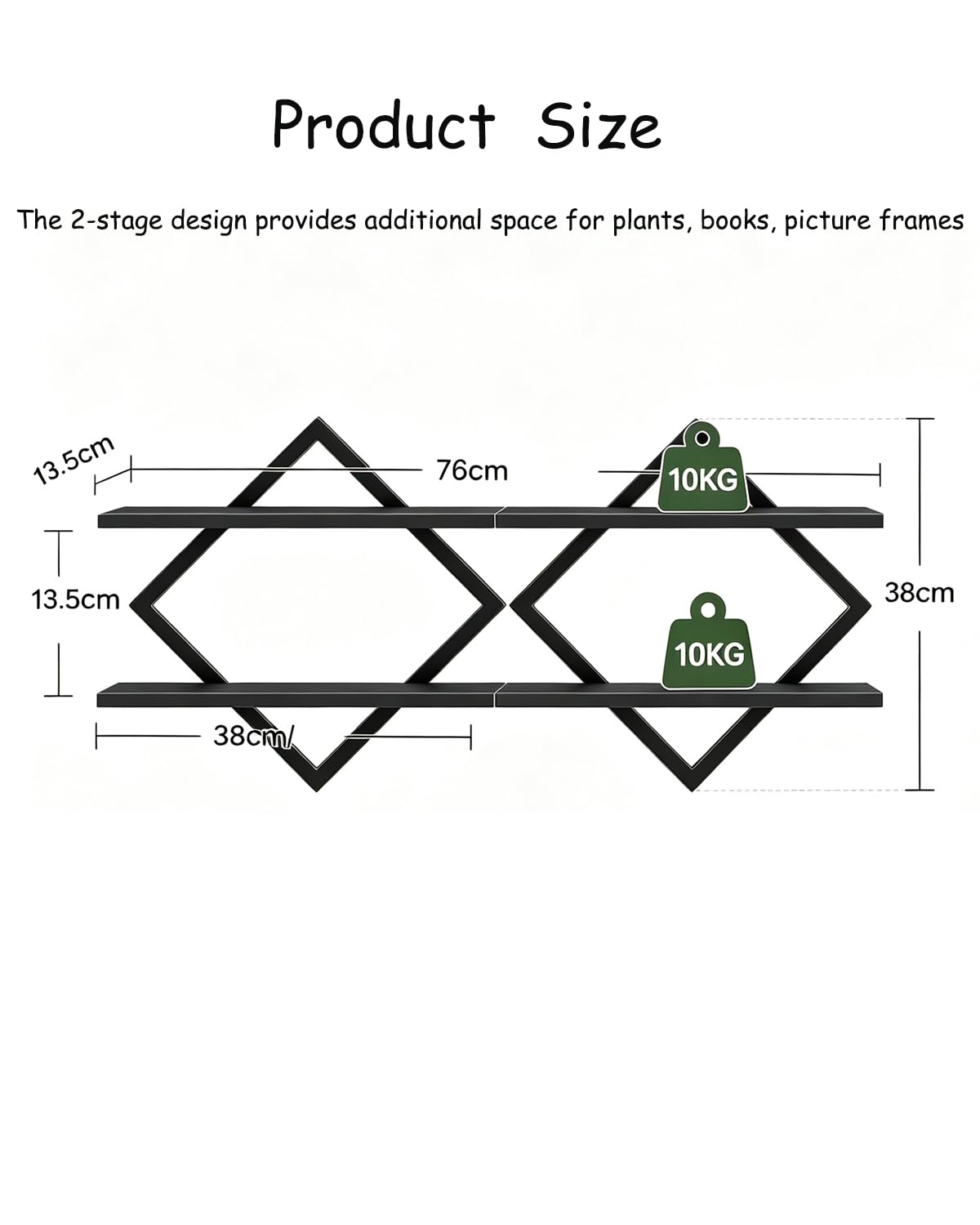 Wandregal 2er Set, Schweberegal mit Metallrahmen 38 cm, 2-stöckiges Hängeregal für Badezimmer, Wohnzimmer, Küche, Home Office (Schwarz)