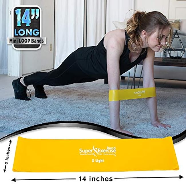 USA 14 x 3 Extra Long Latex Free Mini Loop Bands in 3, 5, 10 Pack Sets. 10 Strengths for Resistance Training, Stretching, Yoga, Toning. Plus an Exclusive iPhone App and E-Book.