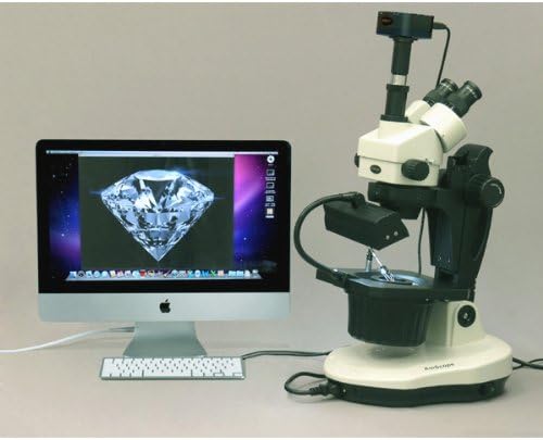 AmScope GM400TZ-5MA Digital Trinocular Gemology Stereo Zoom Microscope, WH10x Eyepieces, 3.5X-90X Magnification, 0.7X-4.5X Zoom Objective, Halogen and Fluorescent Lighting, Inclined Pillar Stand, 110V-120V, Includes 0.5X and 2.0X Barlow Lenses, 5MP Camera with Reduction Lens, and Software