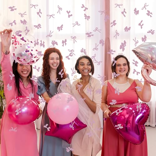 Image of BeYumi Pink Bows Table Confetti - 300Pcs Back to School Coquette Pink Bows Table Decorations Glitter Girl Bow Theme Paper Confetti Decor Birthday Bridal Baby Shower Wedding Bachelorette Party Supplies