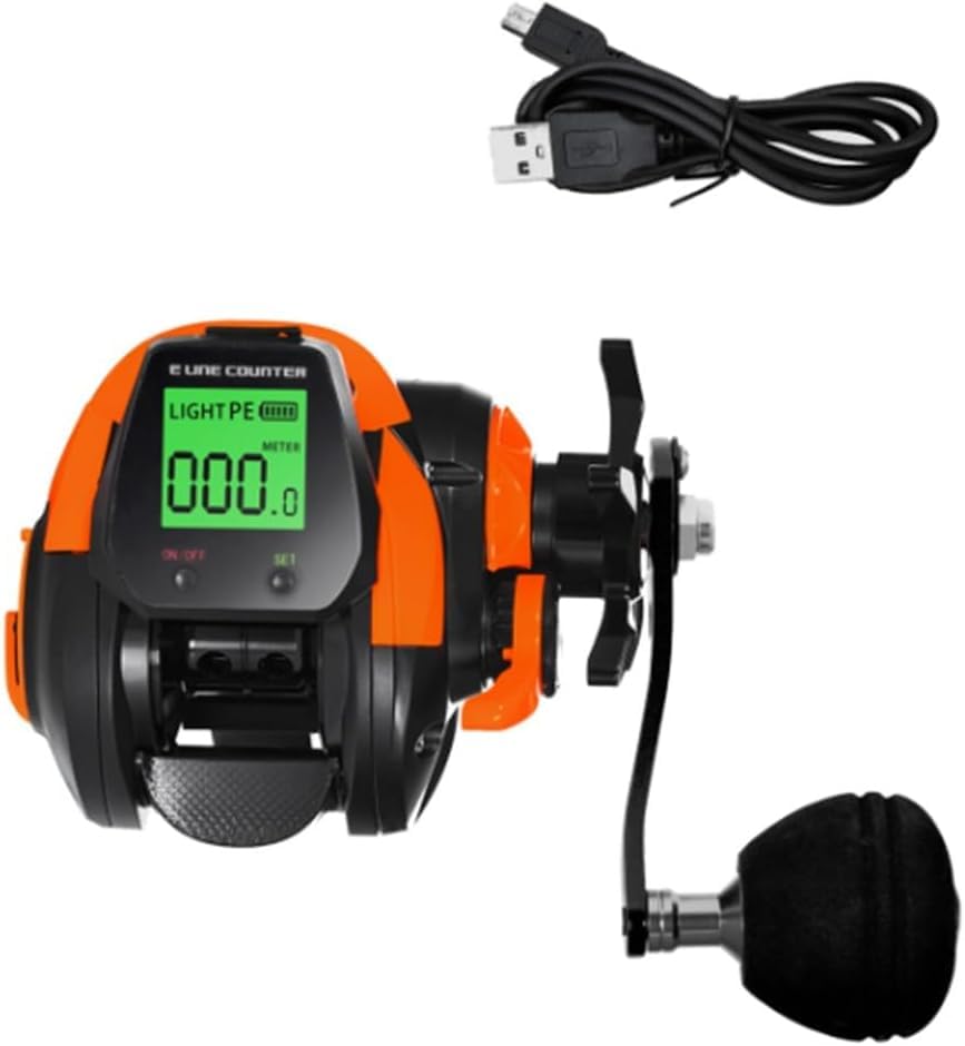 Baitcasting Fishing Reel, Electric Fishing Baitcasting Reel with Digital Display, Accurate Line Counter 6.3:1 Gear Ratio, Rechargeable, Aluminum Alloy Large Display Fishing Reel (Orange Right)
