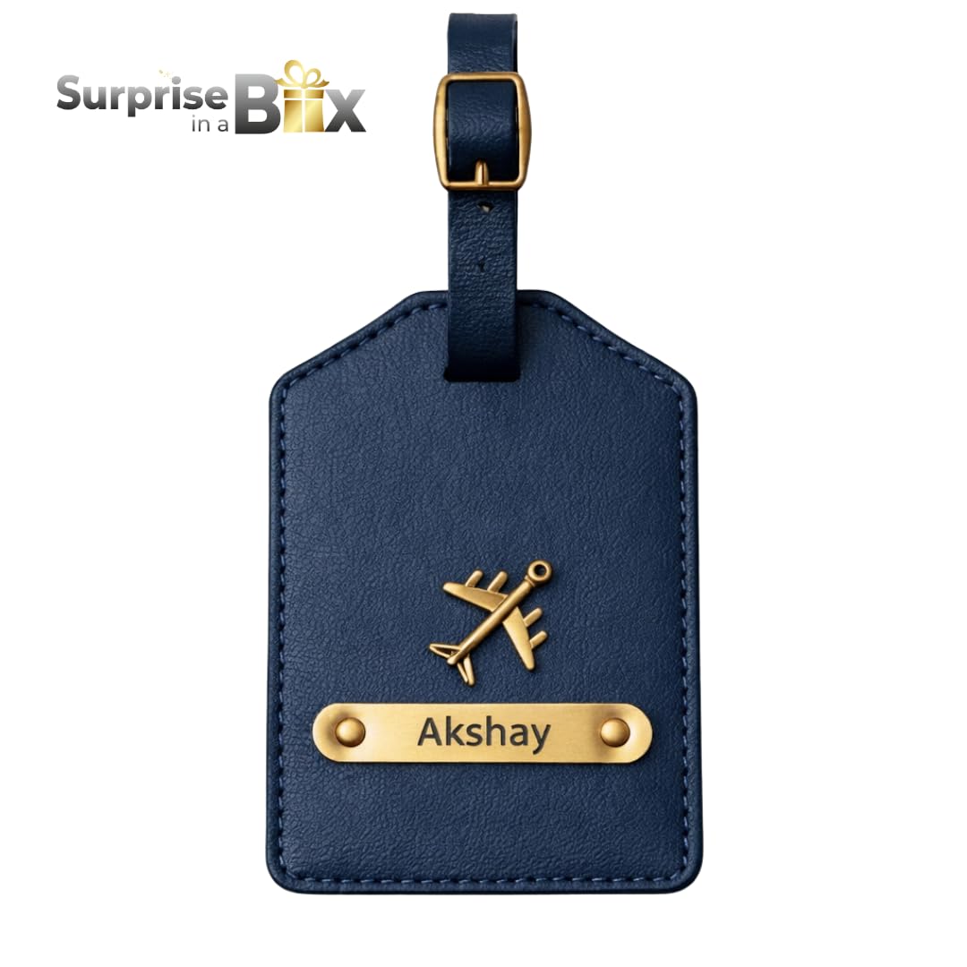 Surprise in a Box Personalized Leather Luggage Tag with Airplane Charm, Black with Gold Hardware, Adjustable Strap, Travel ID Label for Suitcase and Bags (Blue)-image-31