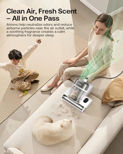 Image of Trucozie Mattress Vacuum Cleaner with 275nm UV-C Light & 149℉ Heat, 16Kpa Powerful Suction Bed Vacuum for Pet Hair & Dander, Smart Dust Sensor, Anion & Aromatherapy, Corded for Bed, Sofa, Couch, White