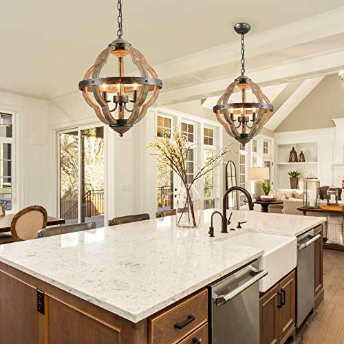 KSANA Farmhouse Chandelier for Dining Room, 3-Light Wood Chandelier, Orb Chandelier for Kitchen Island, Foyer, 15’’ Dia - Image 4