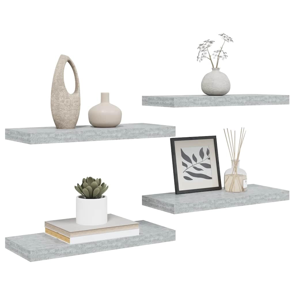 Zestaw 4 półek wiszących, szary beton, 60 x 23,5 x 3,8 cm, płyta MDF, niewidoczne mocowanie na ścianie, nowoczesny design do salonu, sypialni i biura