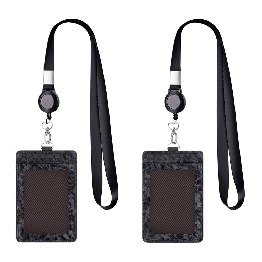 2 Pack Leather Badge Holder and Adjustable Retractable Lanyards, Quick Release Buckle and Safety Breakaway Lanyards with Swivel Metal Clasp for Offices, Staff, Students, Employees Black