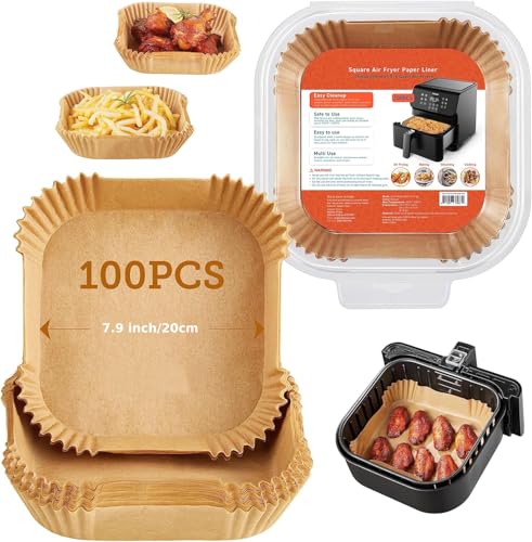 MOMENT 100pcs Air Fryer Disposable Paper Liners Non-Stick Oil Proof Unbleached Parchment Baking Paper Liner for Air Fryer Gas Oven Roasting Microwave (Square 7.9 inch/20cm)