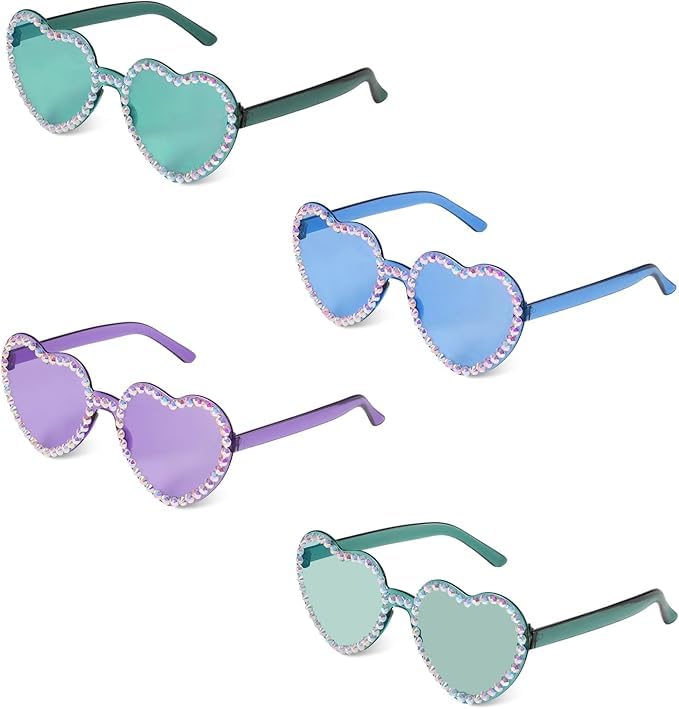 4pcs Heart Shaped Rimless Sunglasses, Stylish Small Rhinestone Heart Sunglasses for Women Birthday Parties (Blue, Green, Transparent Green, Purple)