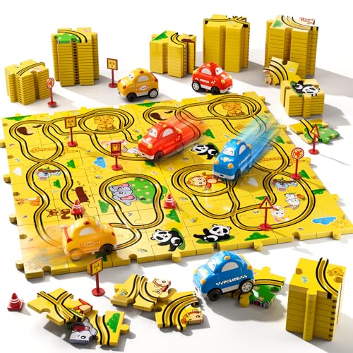 Bennol 73 PCS Puzzle Tracks Car Toys Gifts for 3 4 5 Year Old Boys Kids, Puzzle Racer Car Track Set Toys for Kids Ages 3-5 4-6, Toys Gifts for 3 4 5 Year Old Boys, Puzzle Racer Kids Car Track Set