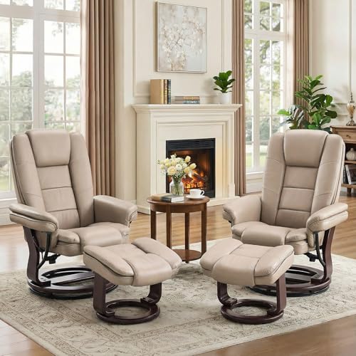 Argus Swivel Recliner with Ottoman, PU Leather & Wood Base Reclining Chair with Footrest, Ultra-Plush Double Foam for Living Room, Bedroom and Office, Set of 2