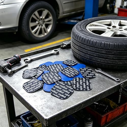 Image of Radial Tire Patch, 2.24 inch x 2.24 inch (57x57mm) 36 pcs, Extra Large Heavy Duty Round Patches, Repair Kit for Truck, Car, Tractor Inner Tires, Black with Blue Poly Backing