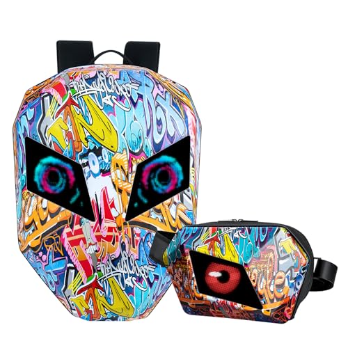 Gelrova [Batteries not included] Graffiti Style 2-in-1 Hardshell LED Backpack Set: Knight Motorcycle Backpack and Devil Eye Crossbody Bag Graffiti