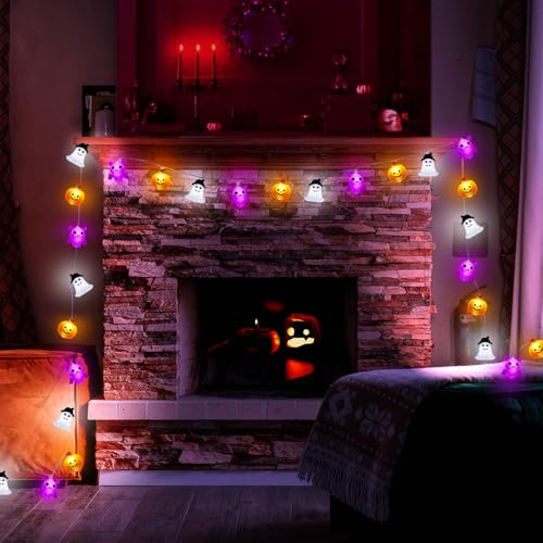 Image of Halloween Lights Decorations, 16.4 FT 30 LED Pumpkin Bat Ghost Spooky Battery Operated Cute Orange and Purple String Lights Cozy Remote Timer 8 Lighting Modes Twinkle Indoor Outdoor Window Porch Decor