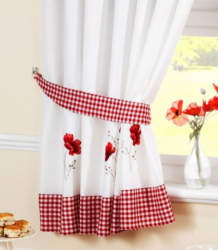 Embroidered Floral Gingham Checked Poppies Pencil Pleat Kitchen Curtains and Tiebacks, Red, 46 x 42-Inch - Image 3