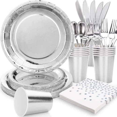 Gudvilla Silver Plates Party Supplies Disposable Dinnerware Set 168pcs Silver Paper Plates and Napkins for Graduation Holiday Disco Birthday Party Decorations Serves 24