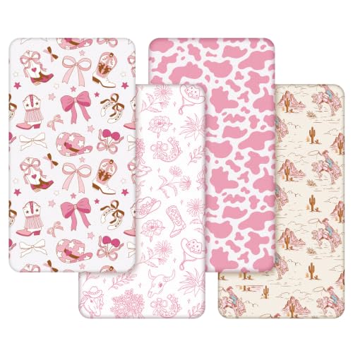 Image of Vitalcozy 4 Pcs Pink Western Cowgirl Crib Sheet for Nursery Decor | Fits 52x28x8 Inch Mattresses, Nursery Bedding Newborns Toddlers, Elastic Corners, Perfect Baby Shower Gifts Girls Boys