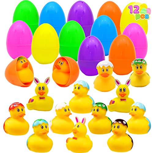 JOYIN 12 Pcs Filled Easter Eggs with Rubber Duck and Rabbit Duckies, Bright Colorful Prefilled Easter Eggs for Kids Fun Bath Toys, Basket Stuffers and Party Favors