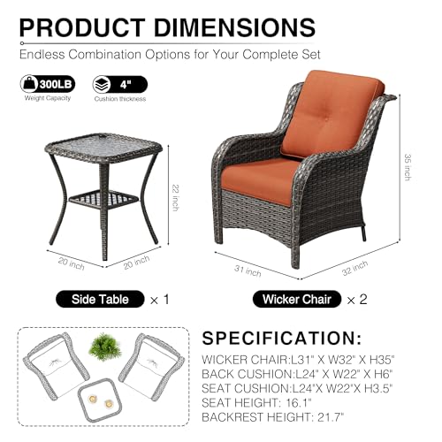 Image of Joyside 3 Piece Wicker Patio Furniture Set, Rattan Patio Chairs with High Back, Deep Seating, Wide Armrest, Thickened Cushions, Outdoor Furniture for Deck, Porch Use