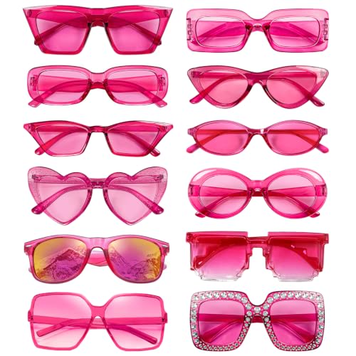 SUNOVELTIES 12 Mixed Style Sunglasses Classic Retro Party Favors Eyewear Costume Accessories Bulk Glasses for Unisex Adult (Hotpink)