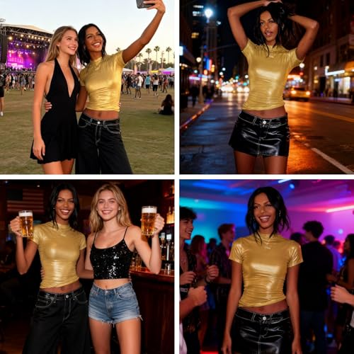 Image of Women's Shiny Metallic Short Sleeve T Shirt Sexy Mock Neck Slim Crop Top Party Disco Club Tees