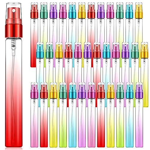 Zhehao 36 Pieces Mini Perfume Spray Bottles 10 ml Colorful Glass Fine Mist Refillable Spray Empty Bottles Perfume Atomizer Small Sample Containers for Travel Essential Oils Cleaning