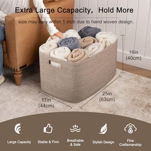 OIAHOMY 118L XXXLarge Cotton Rope Storage Basket, Oversized Blanket Basket, Used for Organizing Dirty Clothes in Living Room, Bedroom, Nursery, Dog Toy Storage Bins, 25" x 17" x 16",Brown variegated - Image 4