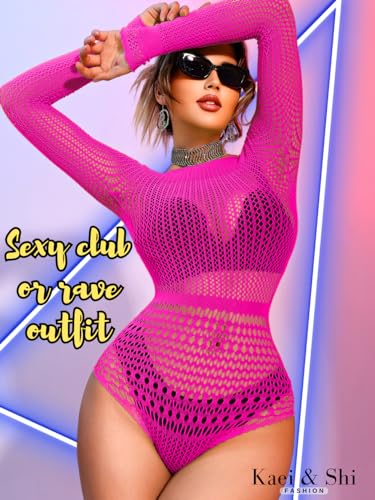 Image of Kaei&Shi Sexy Hollow Rave Outfits, Fishnet Bodysuit Fits US Women Sizes 0-18, Sheer Lace Glow Party Tops Festival Mesh