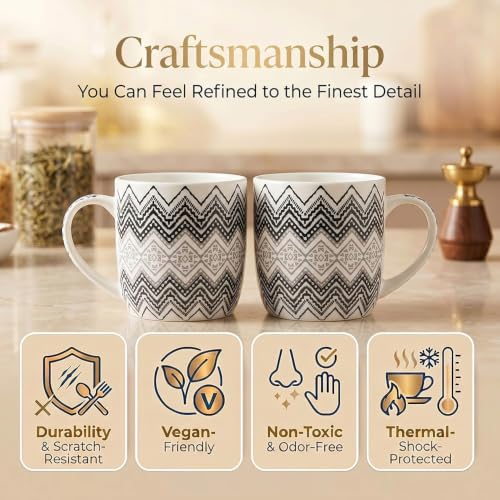 Image of U.P.C. Ceramic Coffee Tea Mugs Set of 6, Printed Tea Cups with Handles, Coffee Cups for Home & Office, Grey Chevron Zigzag Print, Stylish Drinking Cups for Tea, Coffee & Hot Beverages