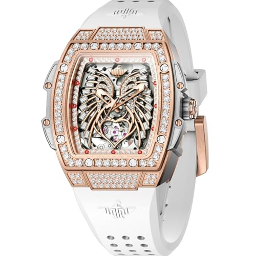 Image of OUPINKE Automatic Watches for Women Fashion Hollow Skeleton Squre Womens Watches Diamonds Rose Gold Waterproof Luminous Mechanical Ladies Watches Red White Soft Silicone Strap