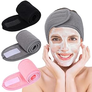Whaline Spa Facial Headband Make Up Wrap Head Terry Cloth Headband Adjustable Towel Band for Face Washing Shower Facial Cover, 3 Pieces (Black, Pink, Gray)