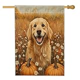 Oil Painting Fall Golden Retriever Dog House Flags 28x40 Inch Double Sided for Outside, Autumn Pumpkin Standard Vertical Canvas Home Flag, Pet Front Yard Backyard Print Flag
