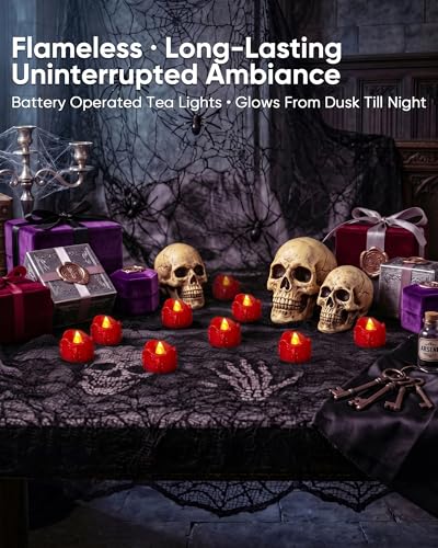Image of Homemory 48-Pack Halloween Red Dripping Flameless Tea Lights, Battery Operated Flickering LED Candles, Safe for Pumpkins, Party & Holiday Decor, 1.58 inch D x 1.2 inch H, Warm White Glow